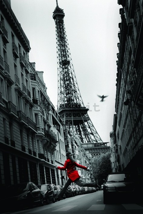 Poster - Parigi, Torre Eiffel e ragazza in rosso