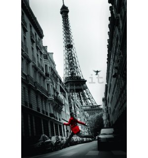 Poster - Parigi, Torre Eiffel e ragazza in rosso