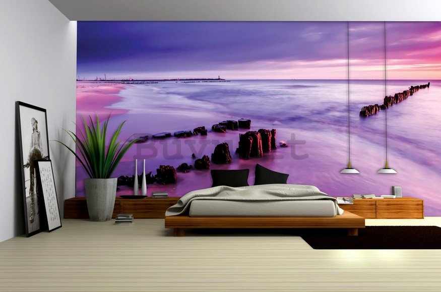 Fotomurale: Tramonto viola sulla spiaggia - 254x368 cm
