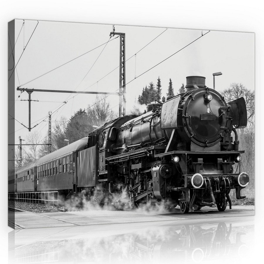 Quadro su tela: Locomotiva a vapore (bianco e nero) - 75x100 cm