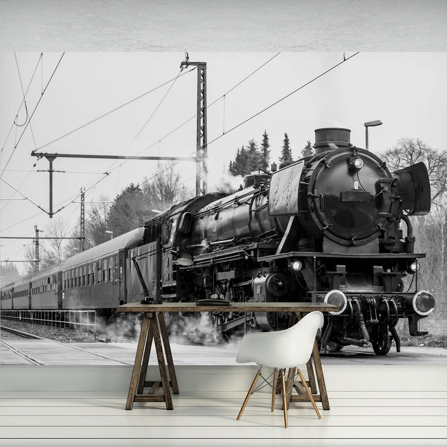 Fotomurale: Locomotiva a vapore (bianco e nero) - 254x368 cm