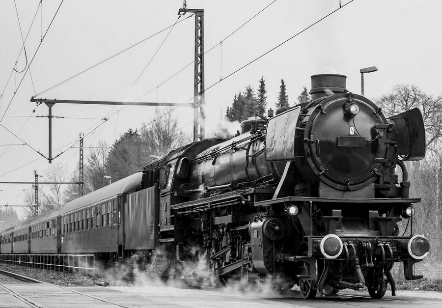 Fotomurale in TNT: Locomotiva a vapore (bianco e nero) - 184x254 cm