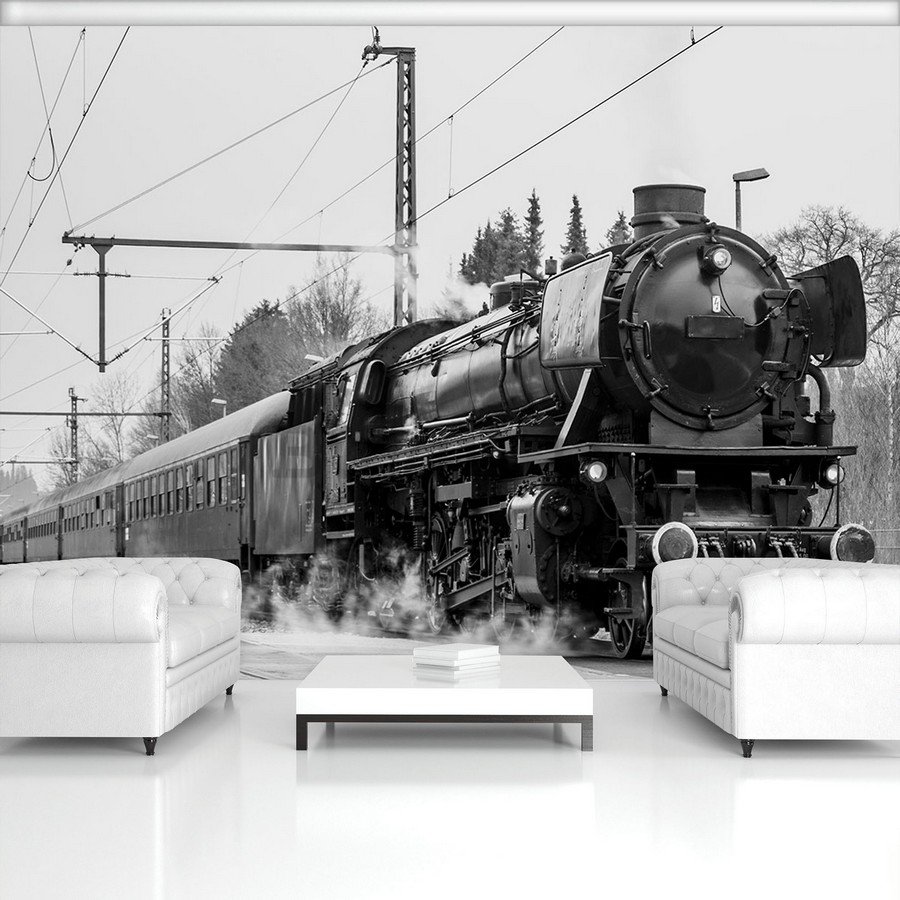 Fotomurale in TNT: Locomotiva a vapore (bianco e nero) - 254x368 cm