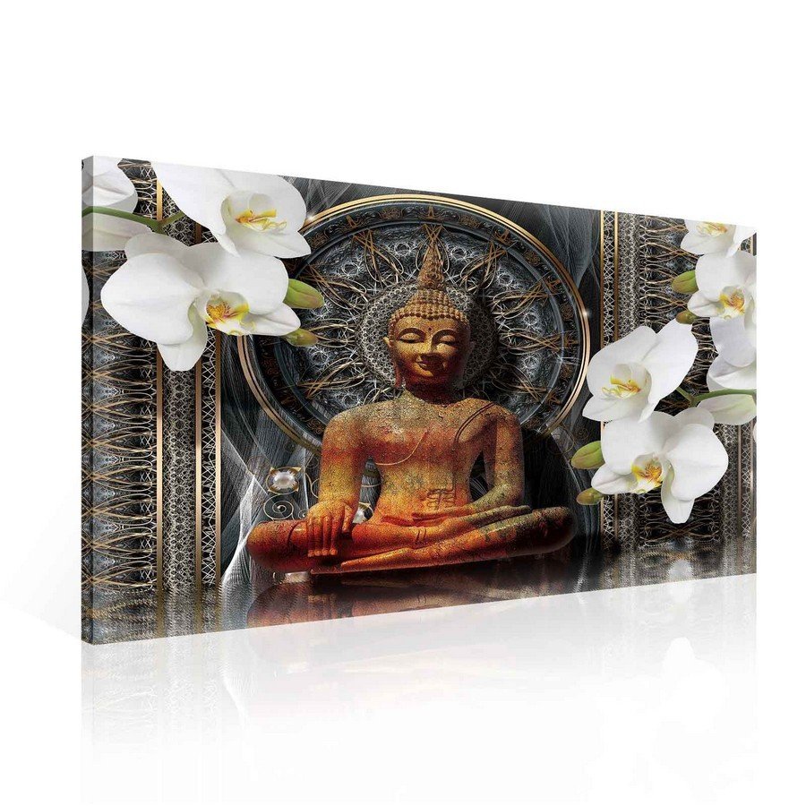 Quadro su tela: Buddha e orchidee bianche (1) - 75x100 cm