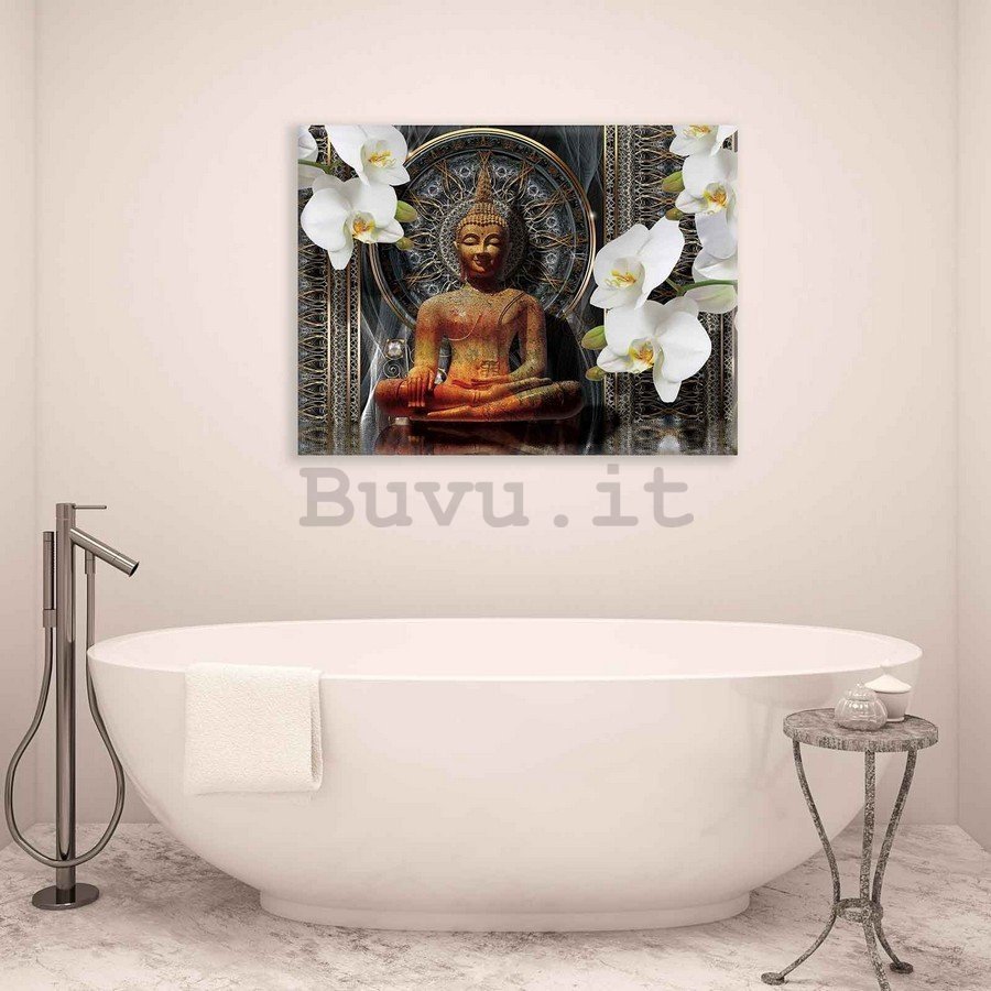 Quadro su tela: Buddha e orchidee bianche (1) - 75x100 cm