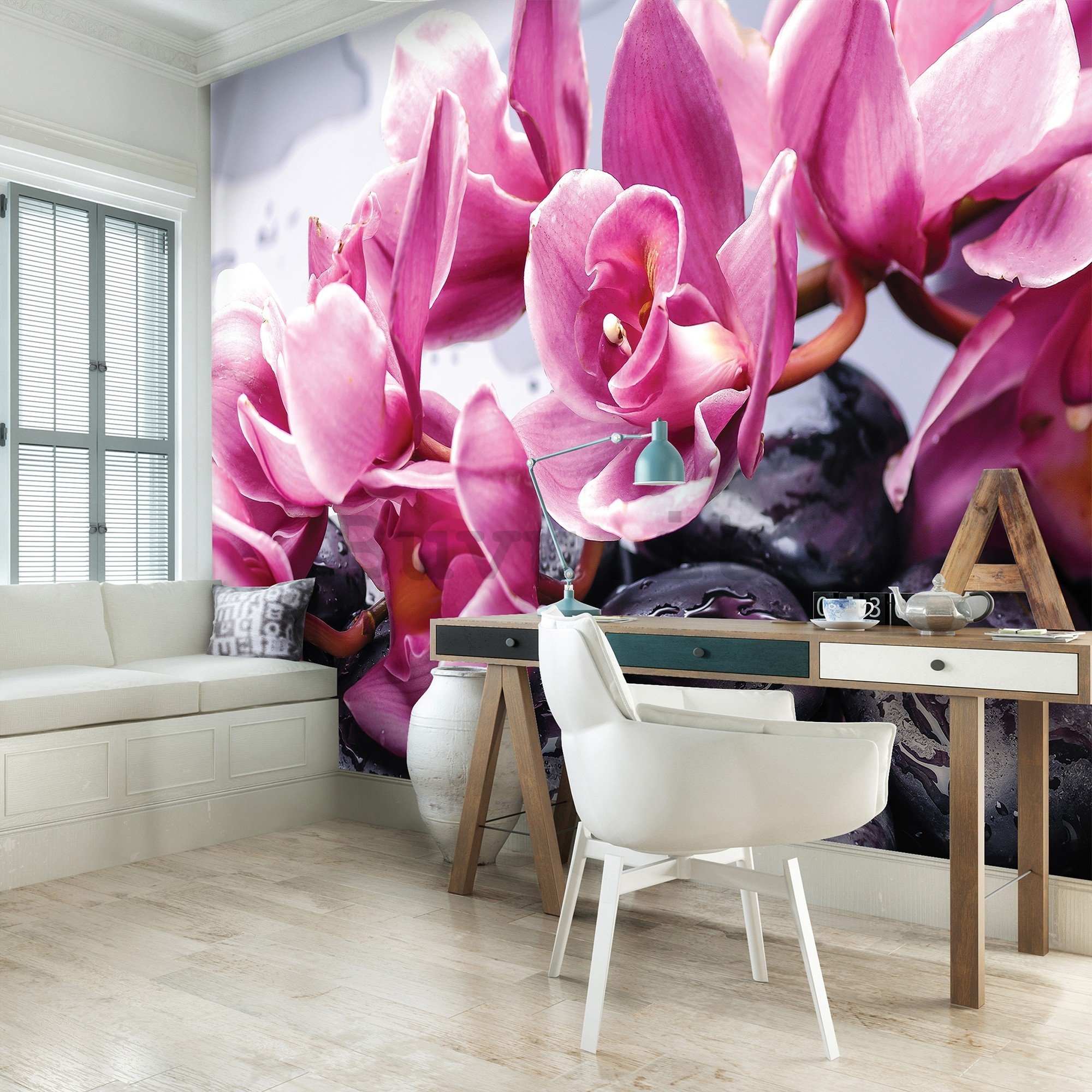 Fotomurale in TNT: Pietre termali e orchidee rosa - 416x254 cm