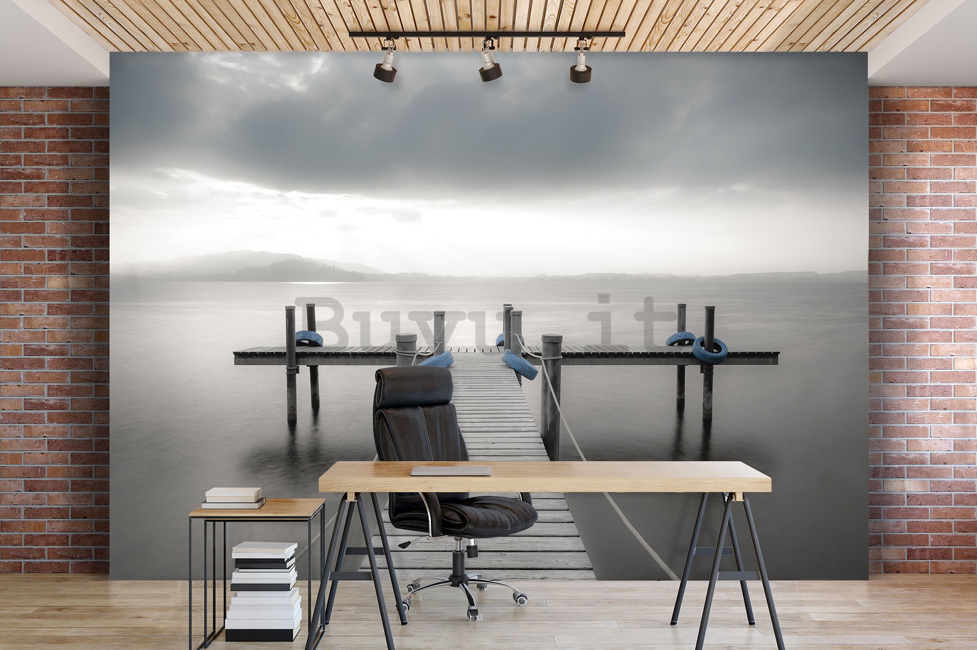 Fotomurale: Passerella di legno verso il mare (bianco e nero) - 254x368 cm
