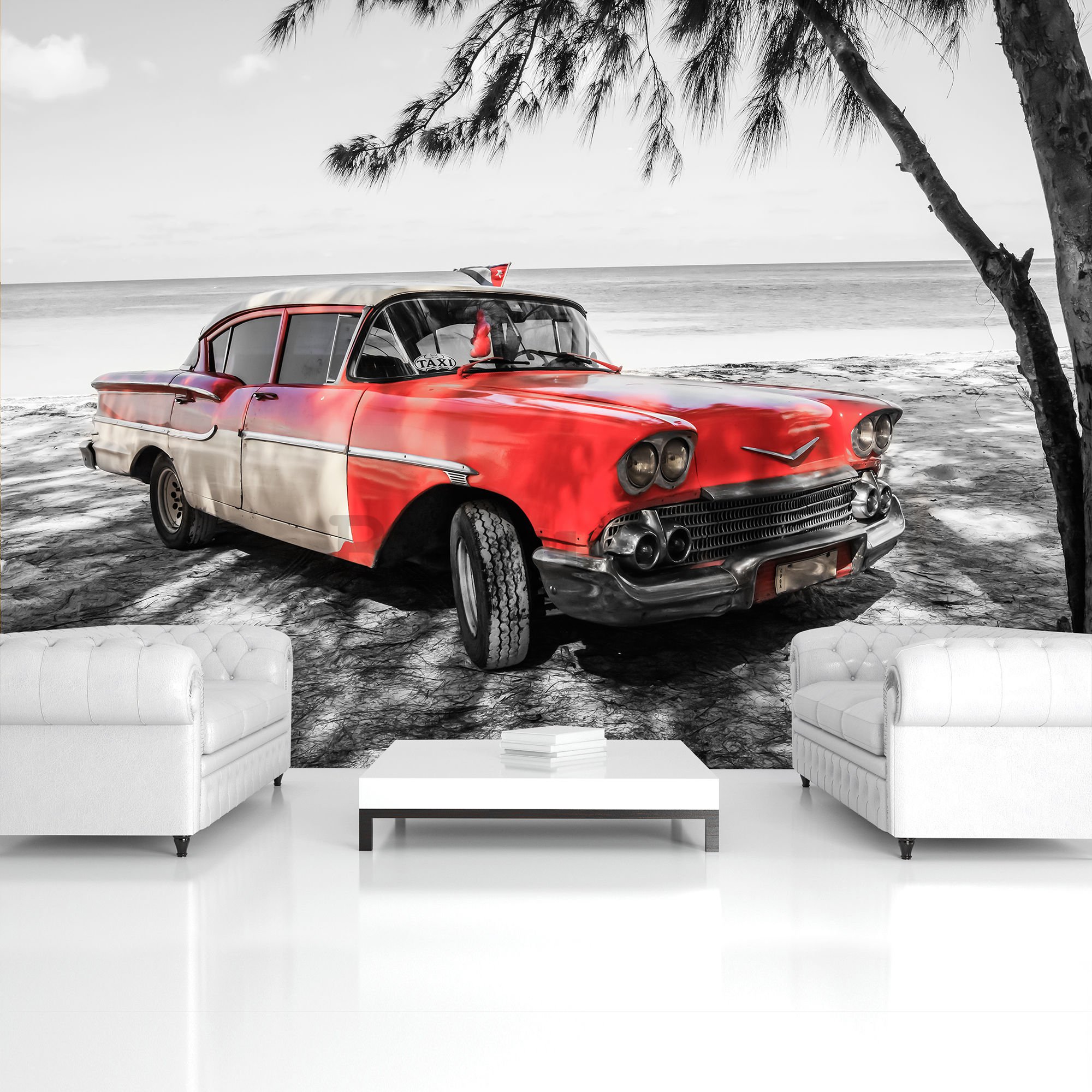 Fotomurale in TNT: Cuba auto rossa sul mare - 254x368 cm