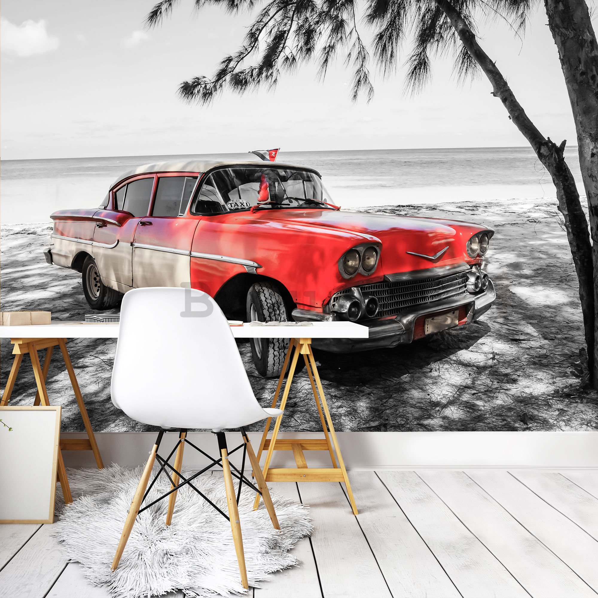 Fotomurale in TNT: Cuba auto rossa sul mare - 254x368 cm