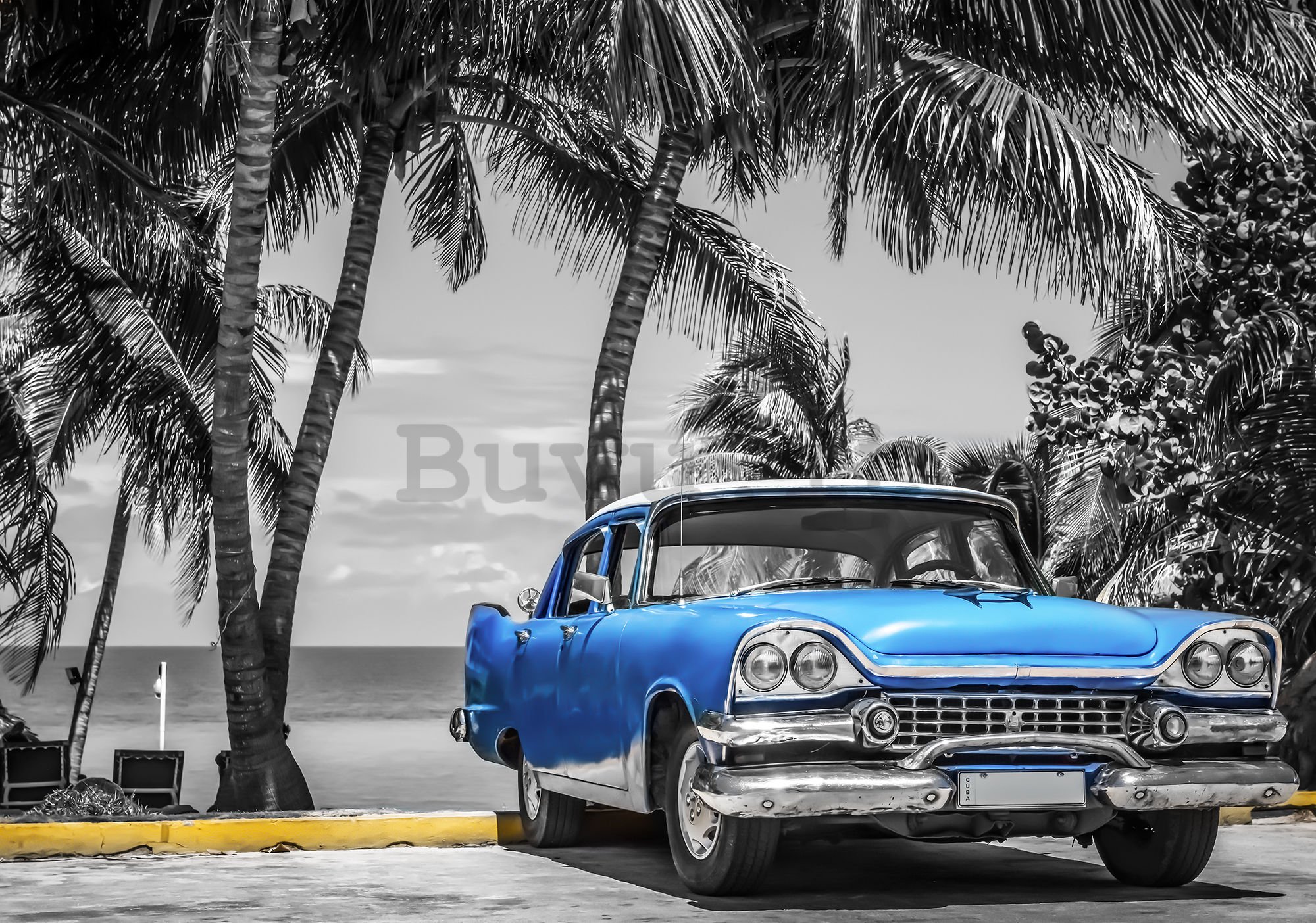 Fotomurale in TNT: Automobile blu di Cuba vicino al mare - 254x368 cm