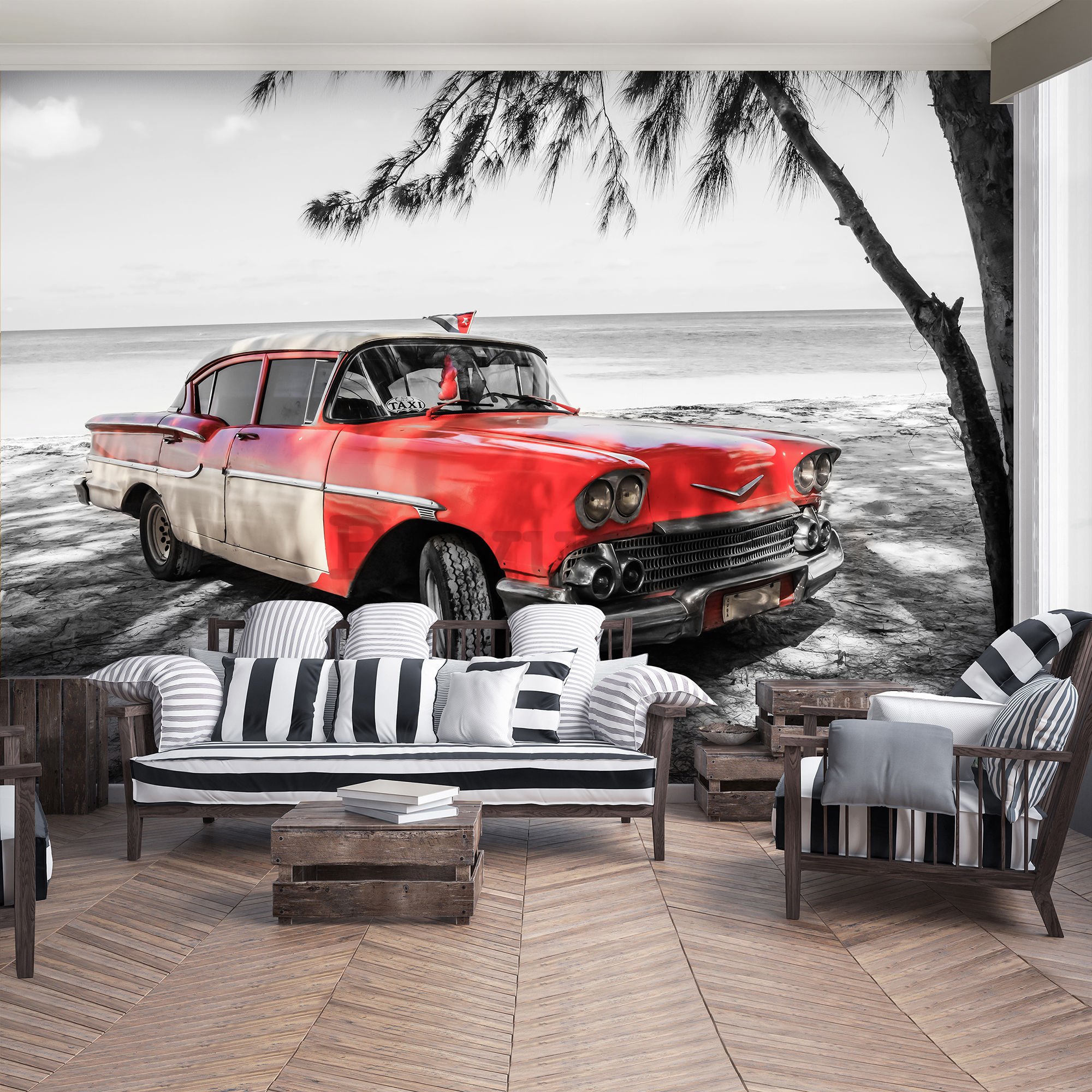 Fotomurale: Cuba auto rossa sul mare - 184x254 cm