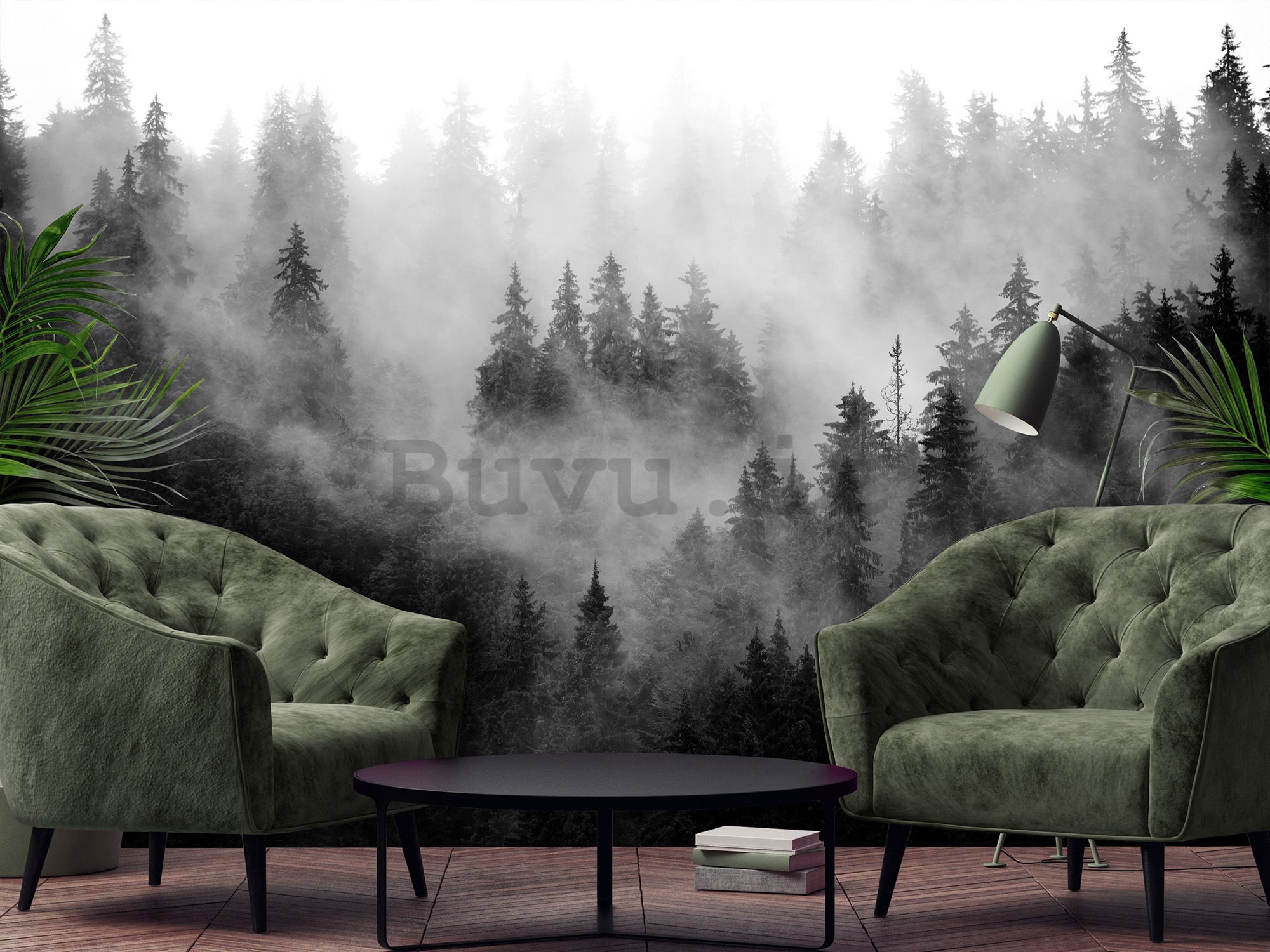 Fotomurale in TNT: Nebbia sulla foresta (bianco e nero) - 416x254 cm
