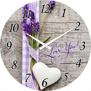 Orologio da parete in vetro: Love You! (Lavanda e cuore) - 30 cm