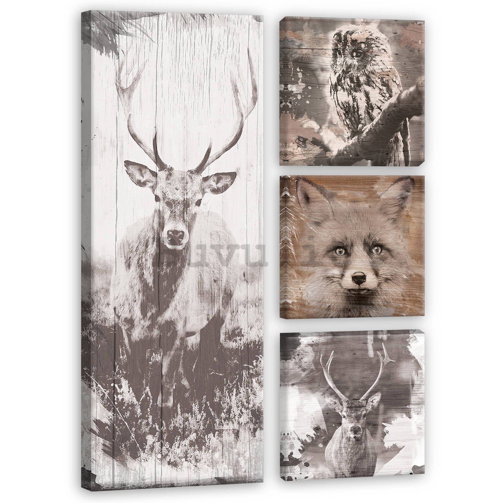 Quadro su tela: Animali nella foresta - set 1pz 80x30 cm e 3pz 25,8x24,8 cm