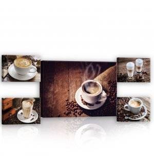 Quadro su tela: Coffee break - set 1pz 70x50 cm e 4pz 32,4x22,8 cm