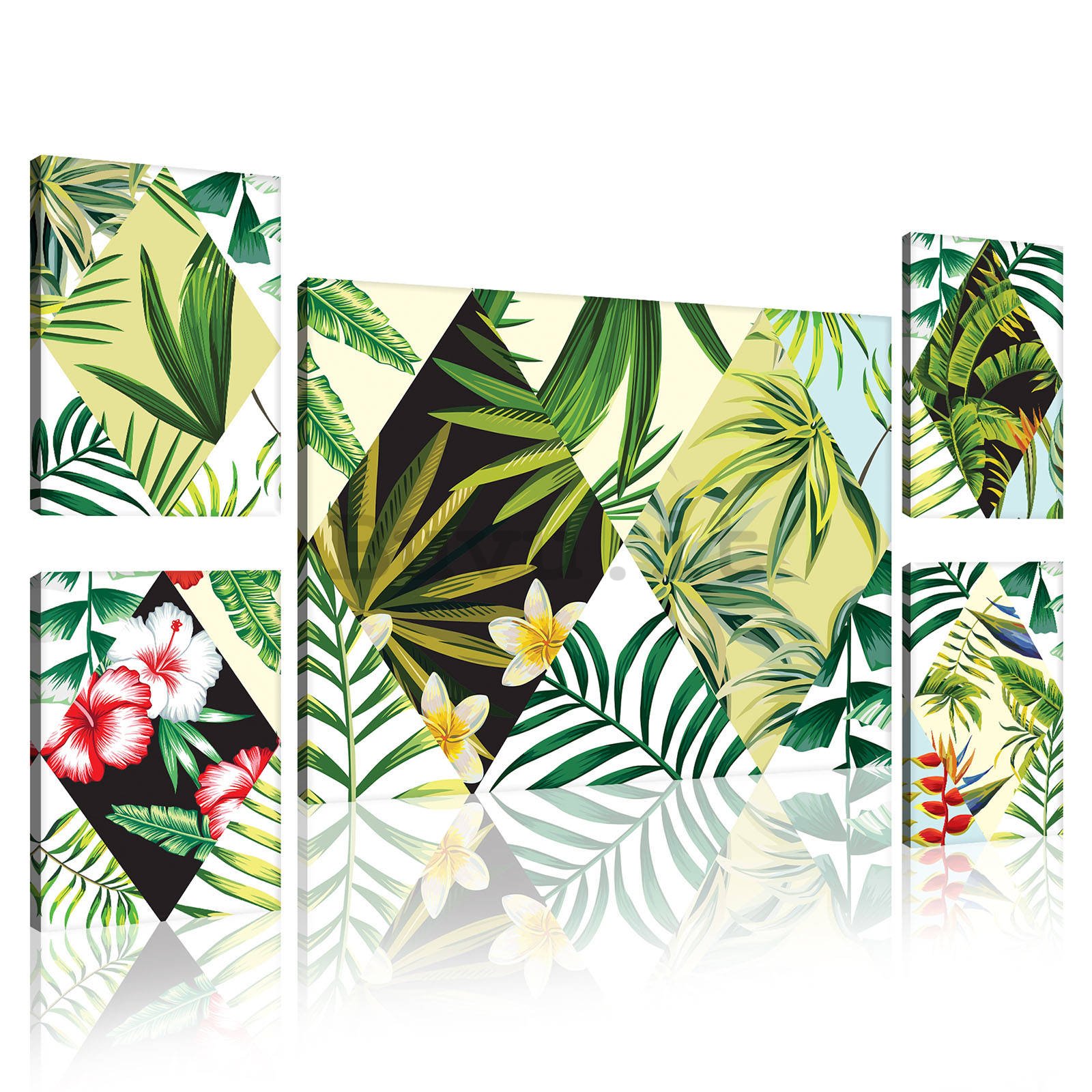 Quadro su tela: Flora tropicale dipinta (3) - set 1pz 70x50 cm e 4pz 32,4x22,8 cm