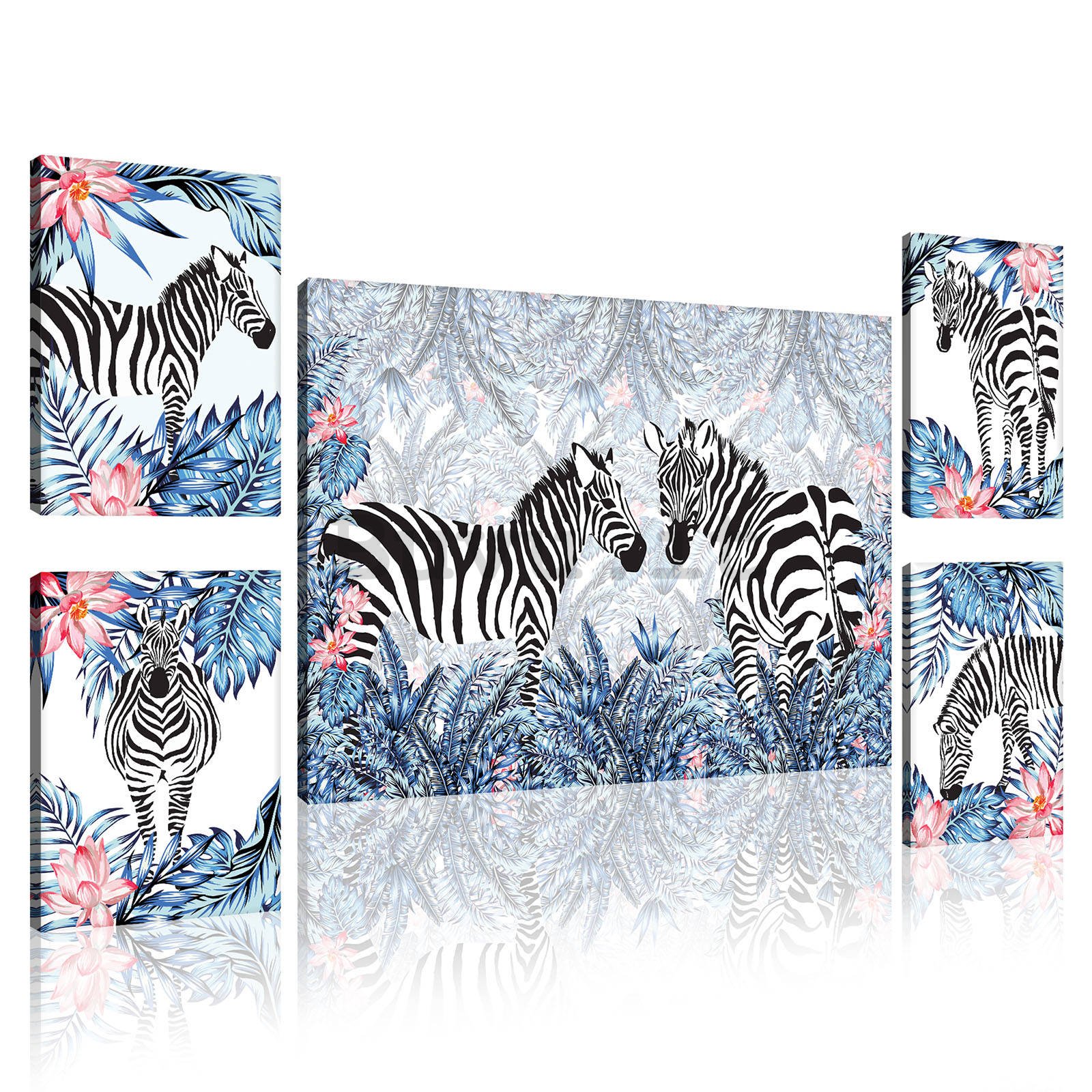 Quadro su tela: Zebre dipinte (1) - set 1pz 70x50 cm e 4pz 32,4x22,8 cm