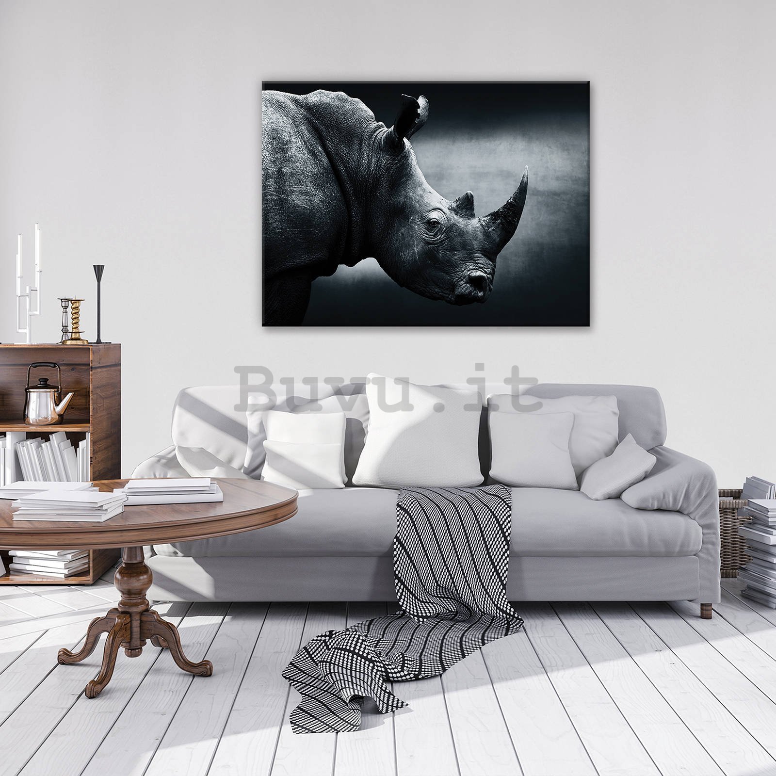 Quadro su tela: Rhino (bianco e nero) - 80x60 cm