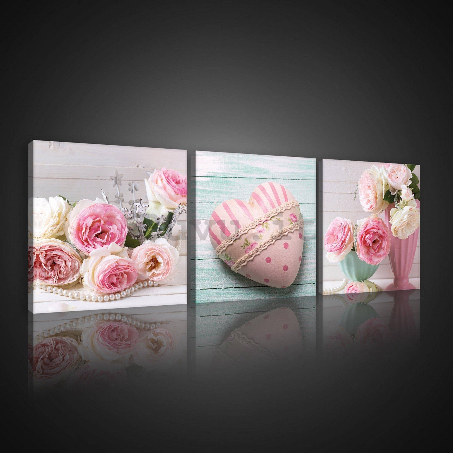 Quadro su tela: Rose e Cuori - set 3pz 25x25cm