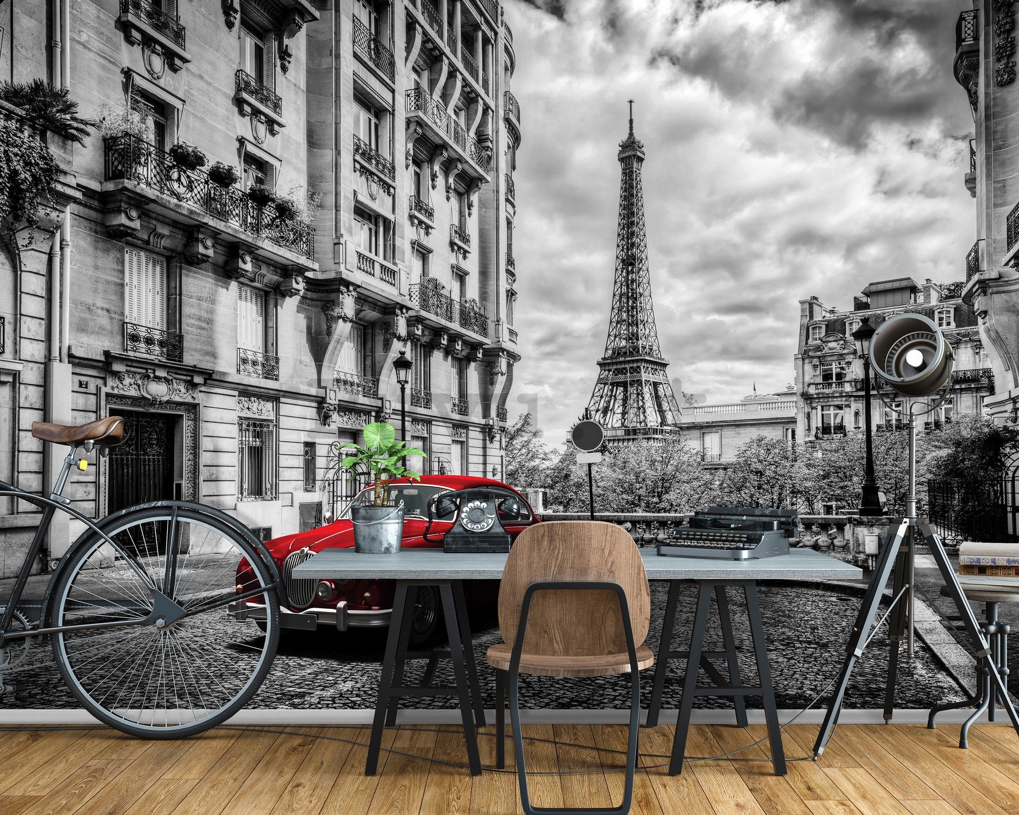 Fotomurale in TNT: Torre Eiffel e auto d'epoca (1) - 254x368 cm