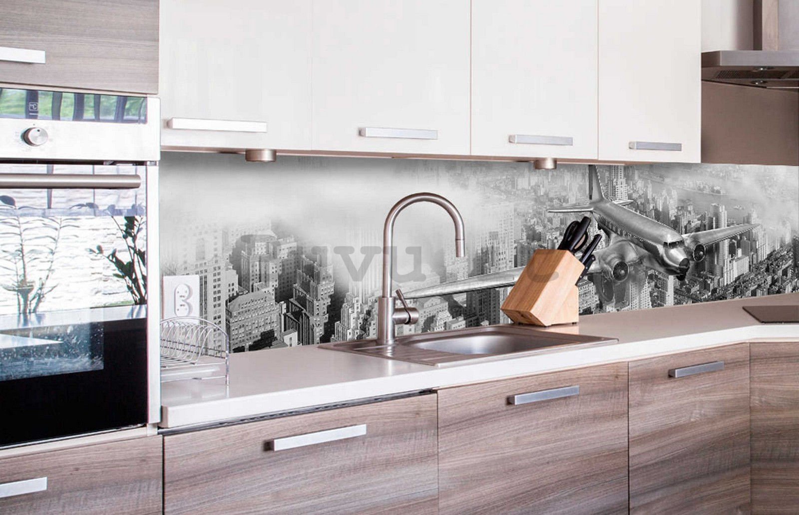 Fotomurale lavabile autoadesiva per cucina - Aereo in bianco e nero, 260x60 cm