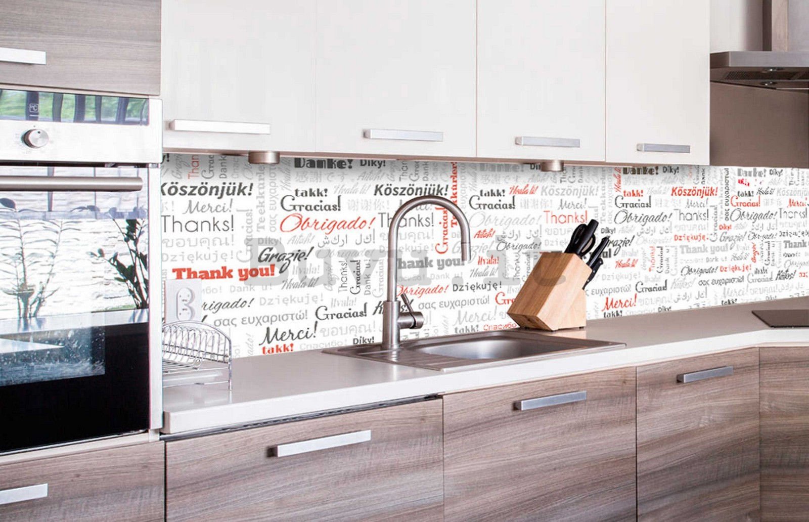 Carta da parati lavabile autoadesiva per cucina - Grazie!, 260x60 cm