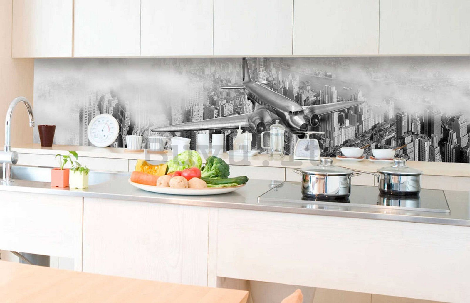Fotomurale lavabile autoadesiva per cucina - Aereo in bianco e nero, 350x60 cm