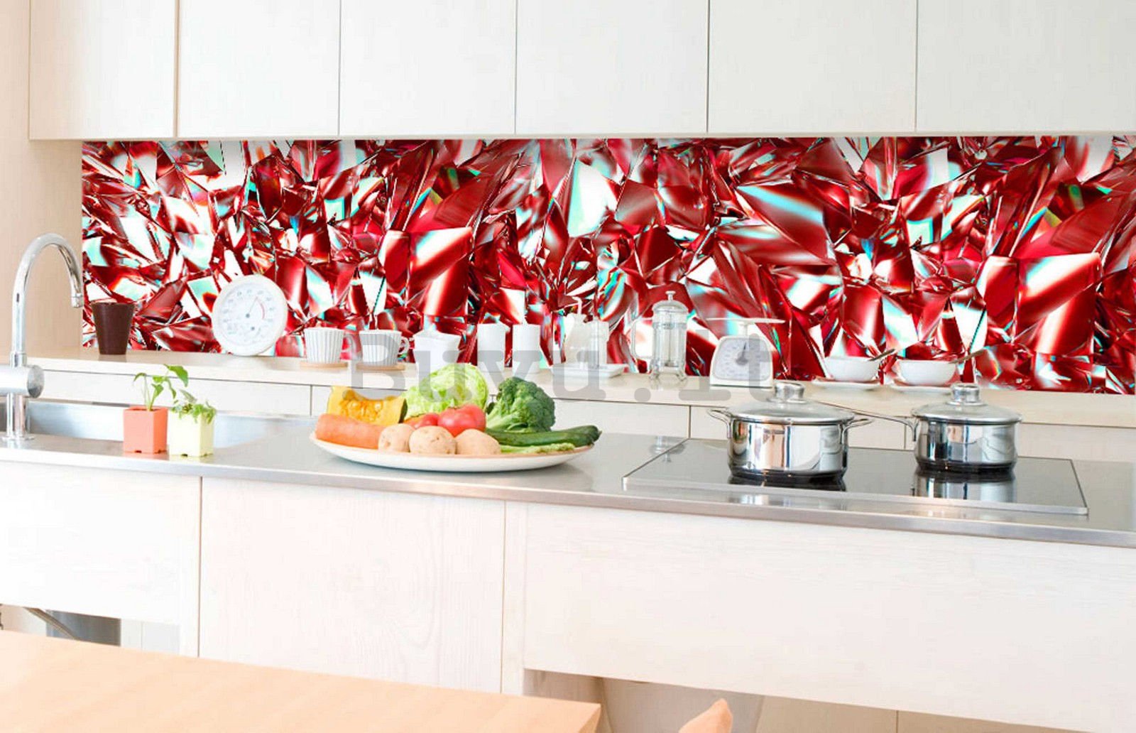 Carta da parati lavabile autoadesiva per cucina - Cristalli rossi, 350x60 cm