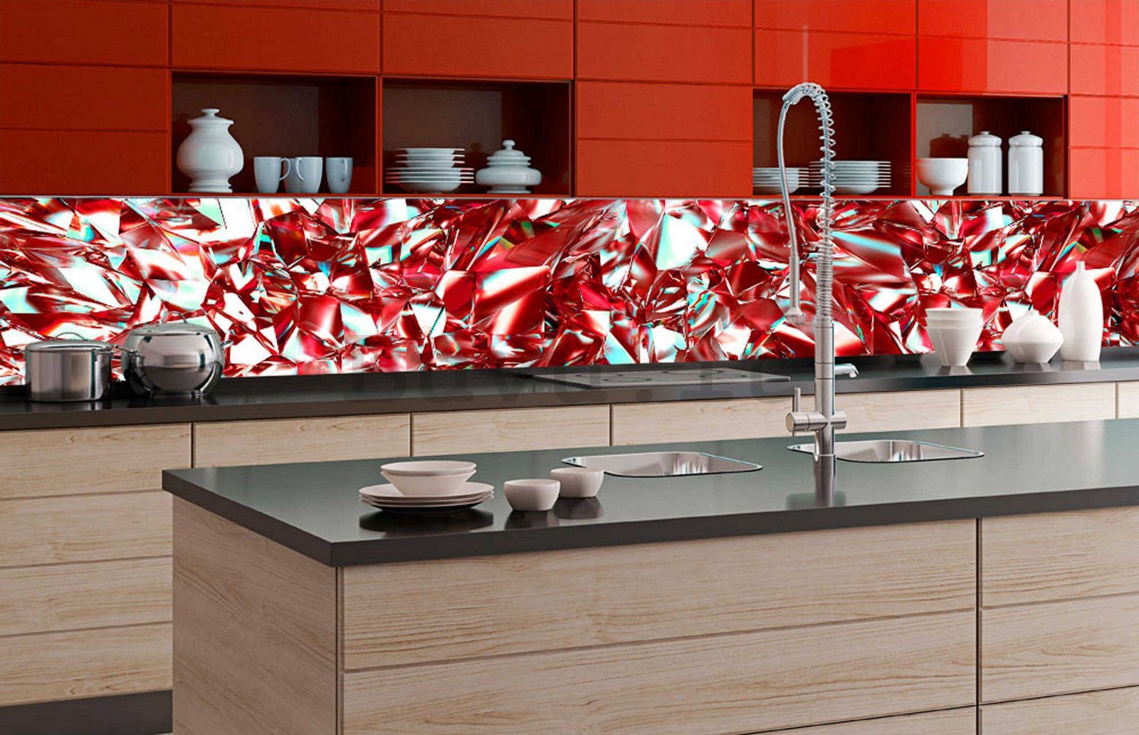 Carta da parati lavabile autoadesiva per cucina - Cristalli rossi, 350x60 cm