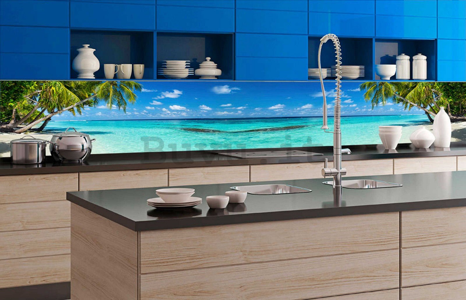 Carta da parati lavabile autoadesiva per cucina - Spiaggia paradisiaca, 350x60 cm