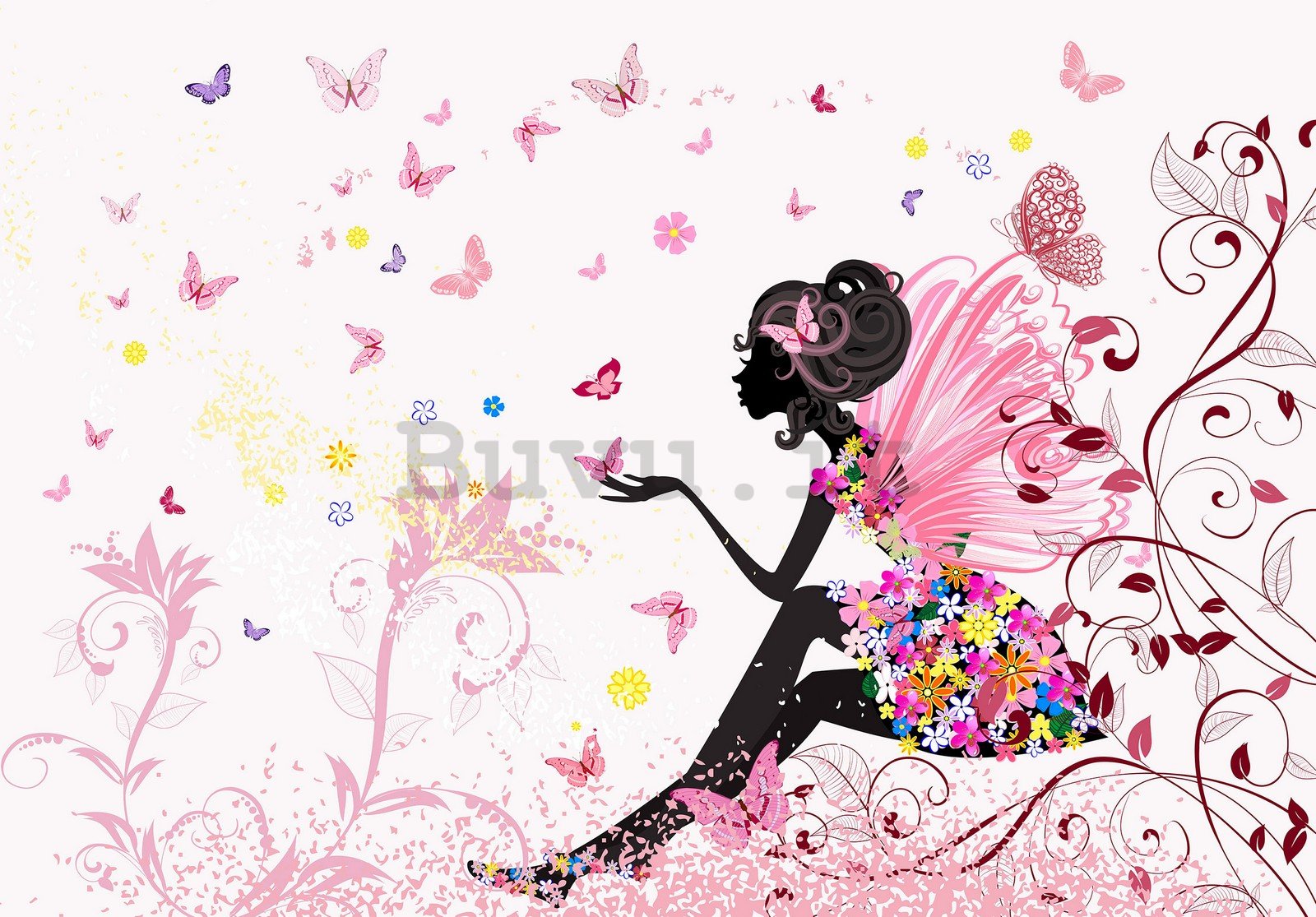 Fotomurale in TNT: Ragazza con fiori e farfalle - 254x184 cm