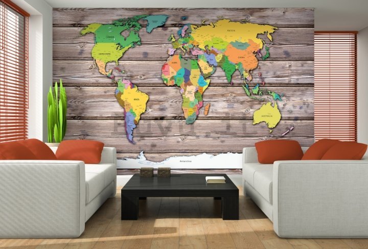 Fotomurale in TNT: Mappa del mondo a colori su legno - 368x280 cm