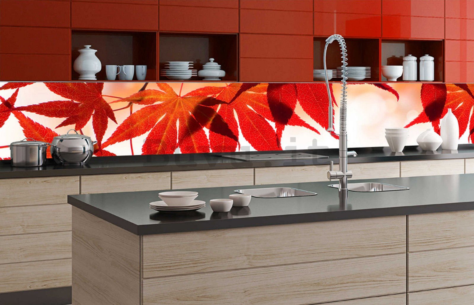 Fotomurale lavabile autoadesiva per cucina - Foglie rosse, 350x60 cm