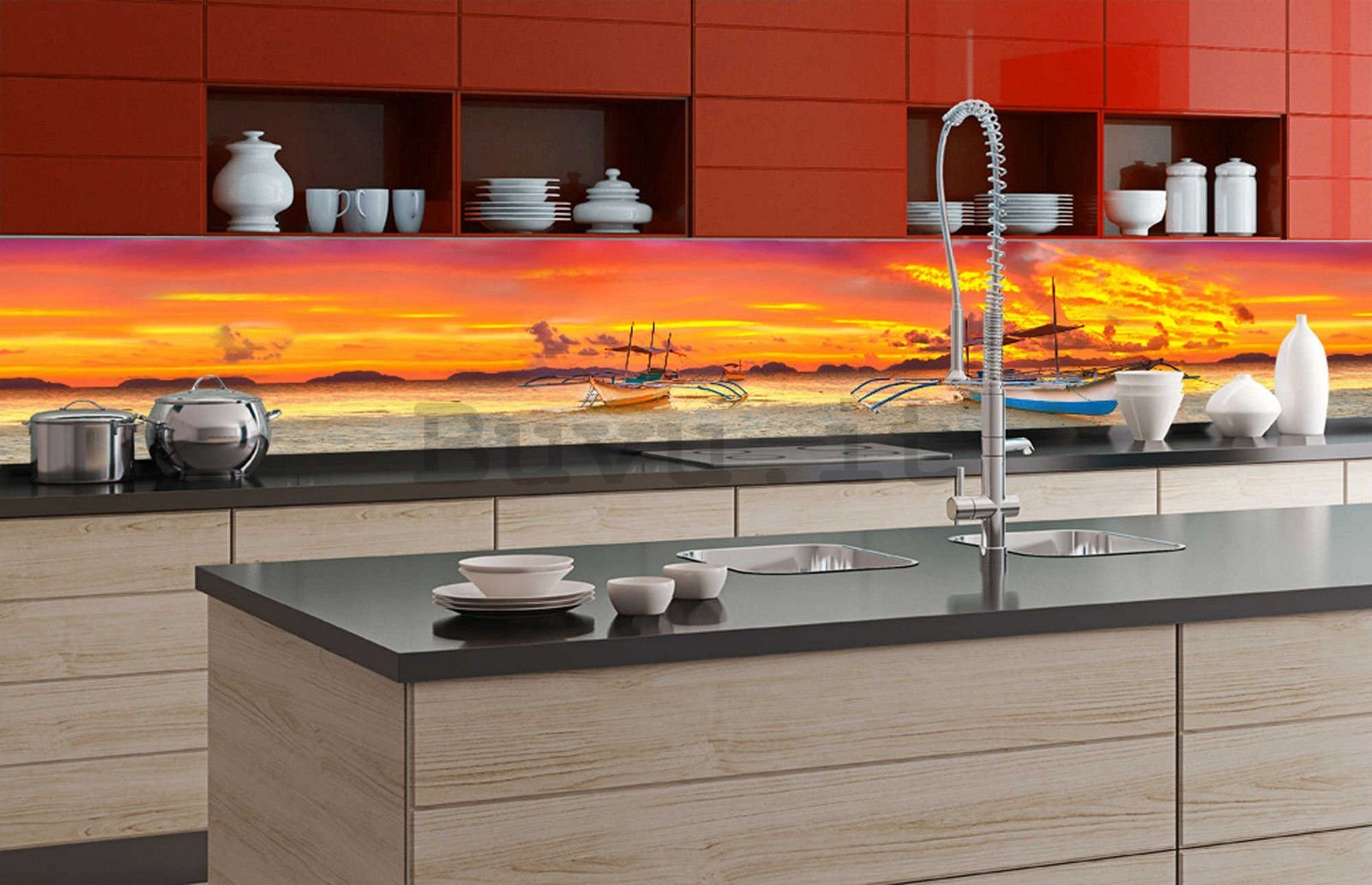 Fotomurale lavabile autoadesiva per cucina - Barche e tramonto, 350x60 cm