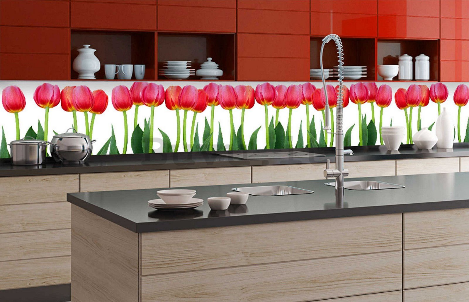 Carta da parati lavabile autoadesiva per cucina - Tulipani rossi, 350x60 cm