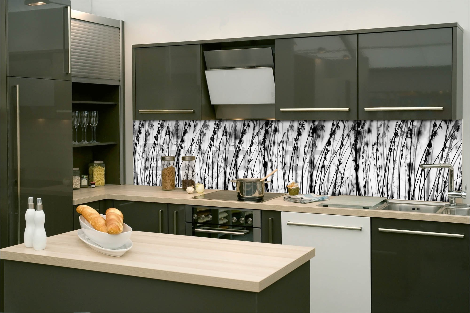 Carta da parati lavabile autoadesiva per cucina - Erba in bianco e nero, 260x60 cm