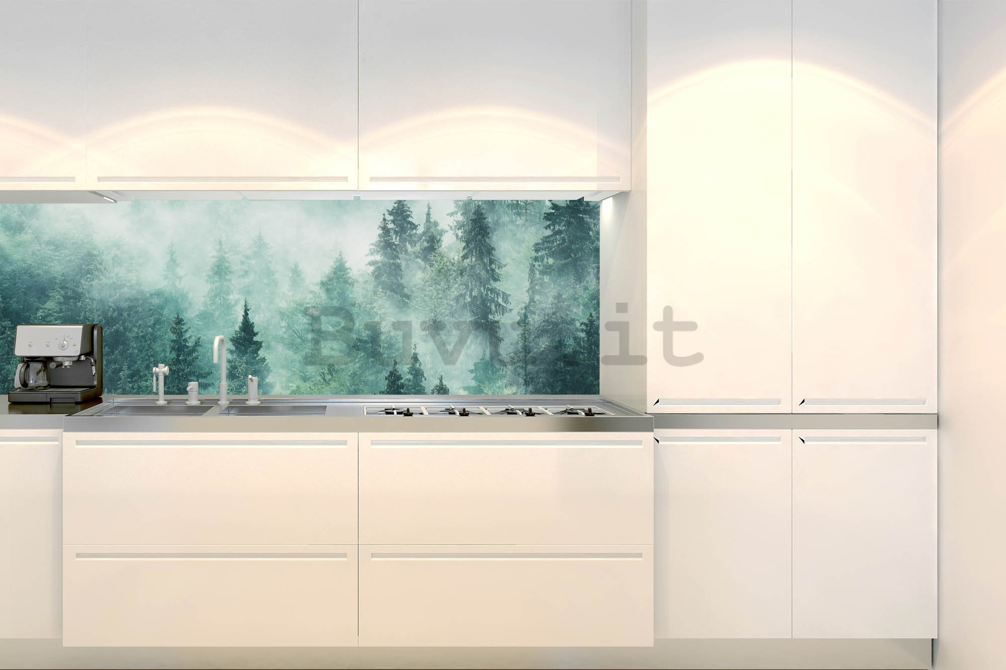 Carta da parati lavabile autoadesiva per cucina - Nebbia nella foresta, 180x60 cm