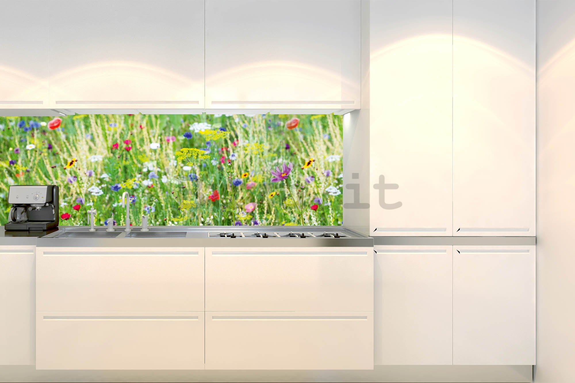 Carta da parati lavabile autoadesiva per cucina - Prato con fiori, 180x60 cm