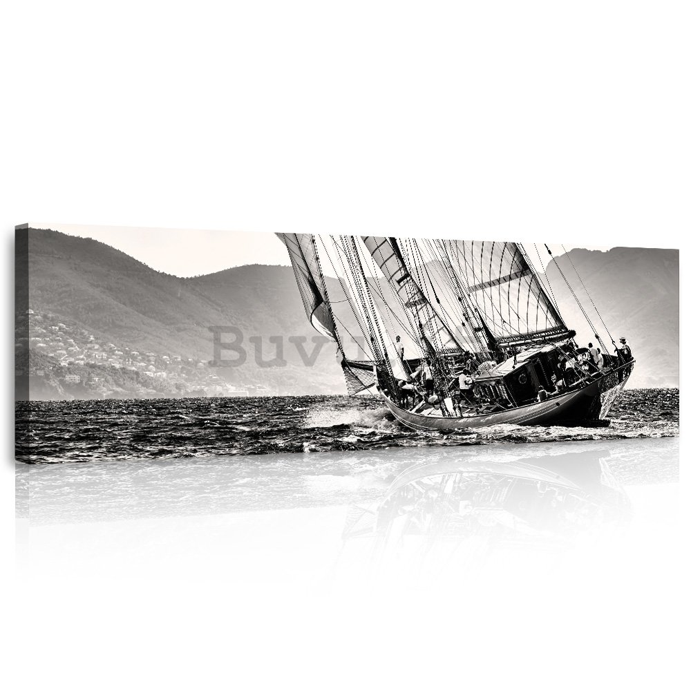 Quadro su tela: Yachting (barca a vela in bianco e nero) - 145x45 cm