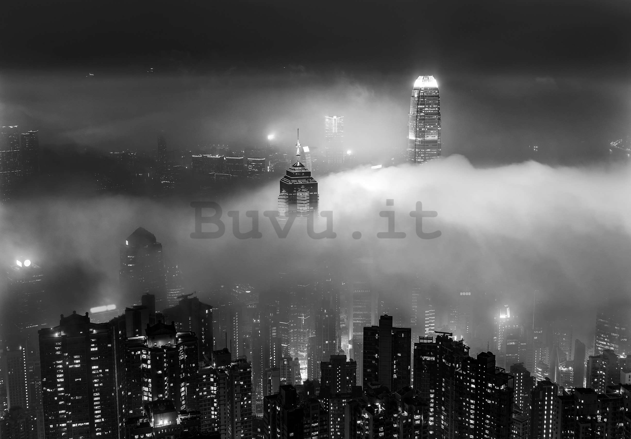 Fotomurale in TNT: Citta notturna nella nebbia (bianco e nero) - 254x184 cm