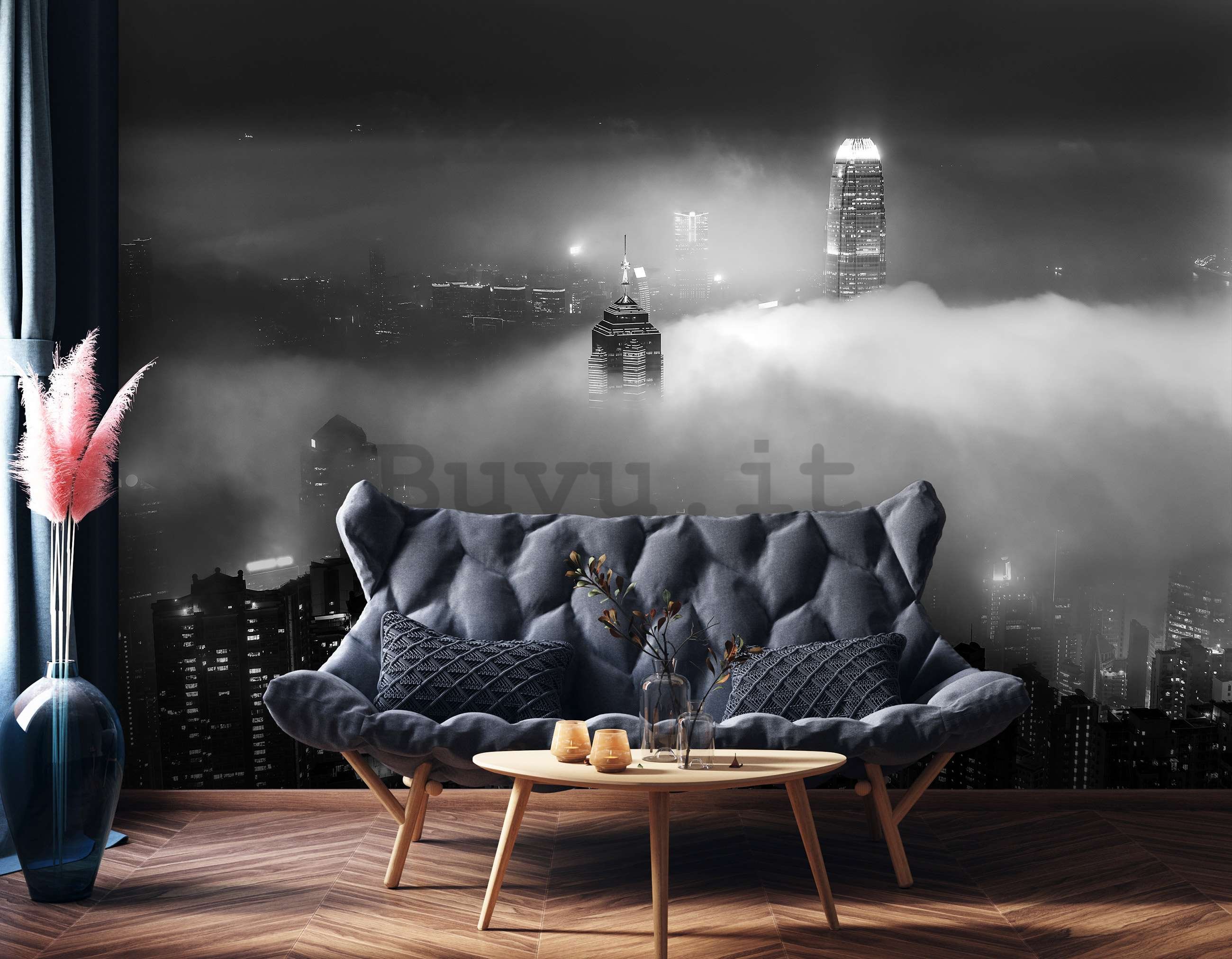 Fotomurale in TNT: Citta notturna nella nebbia (bianco e nero) - 368x254 cm