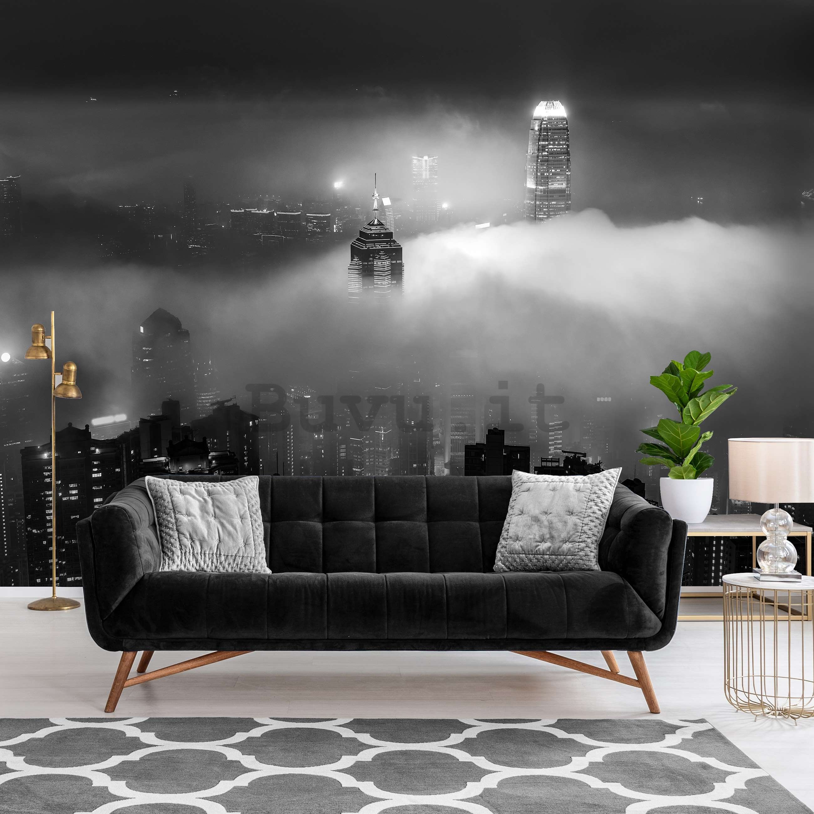 Fotomurale in TNT: Citta notturna nella nebbia (bianco e nero) - 152,5x104 cm