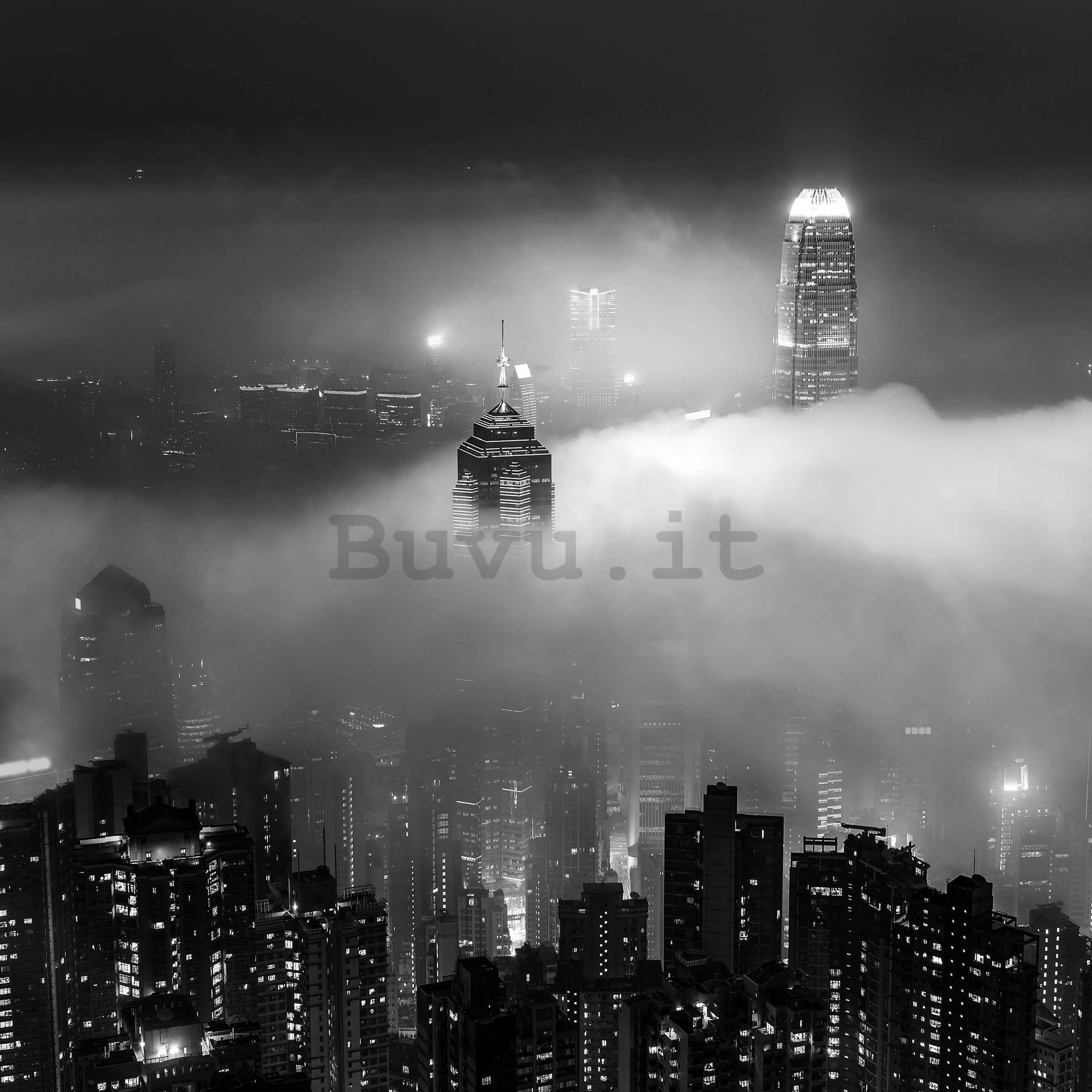 Fotomurale in TNT: Citta notturna nella nebbia (bianco e nero) - 152,5x104 cm