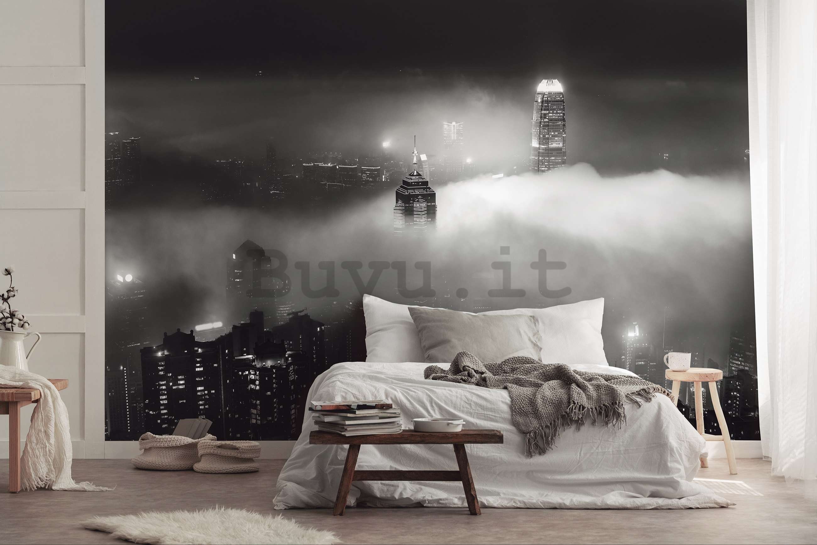 Fotomurale in TNT: Citta notturna nella nebbia (bianco e nero) - 416x254 cm