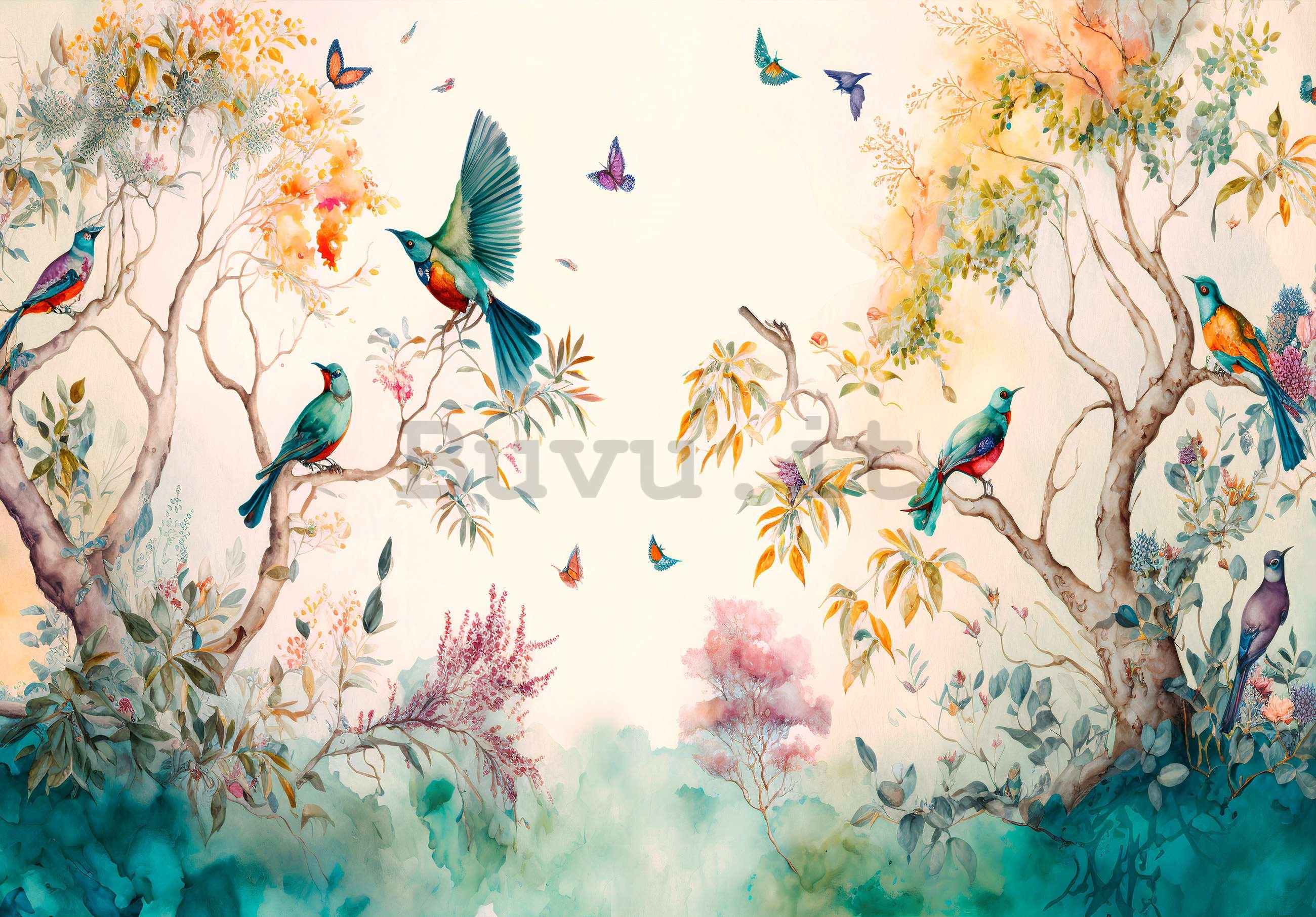 Fotomurale in TNT: Uccelli sugli alberi (dipinti) - 254x184 cm
