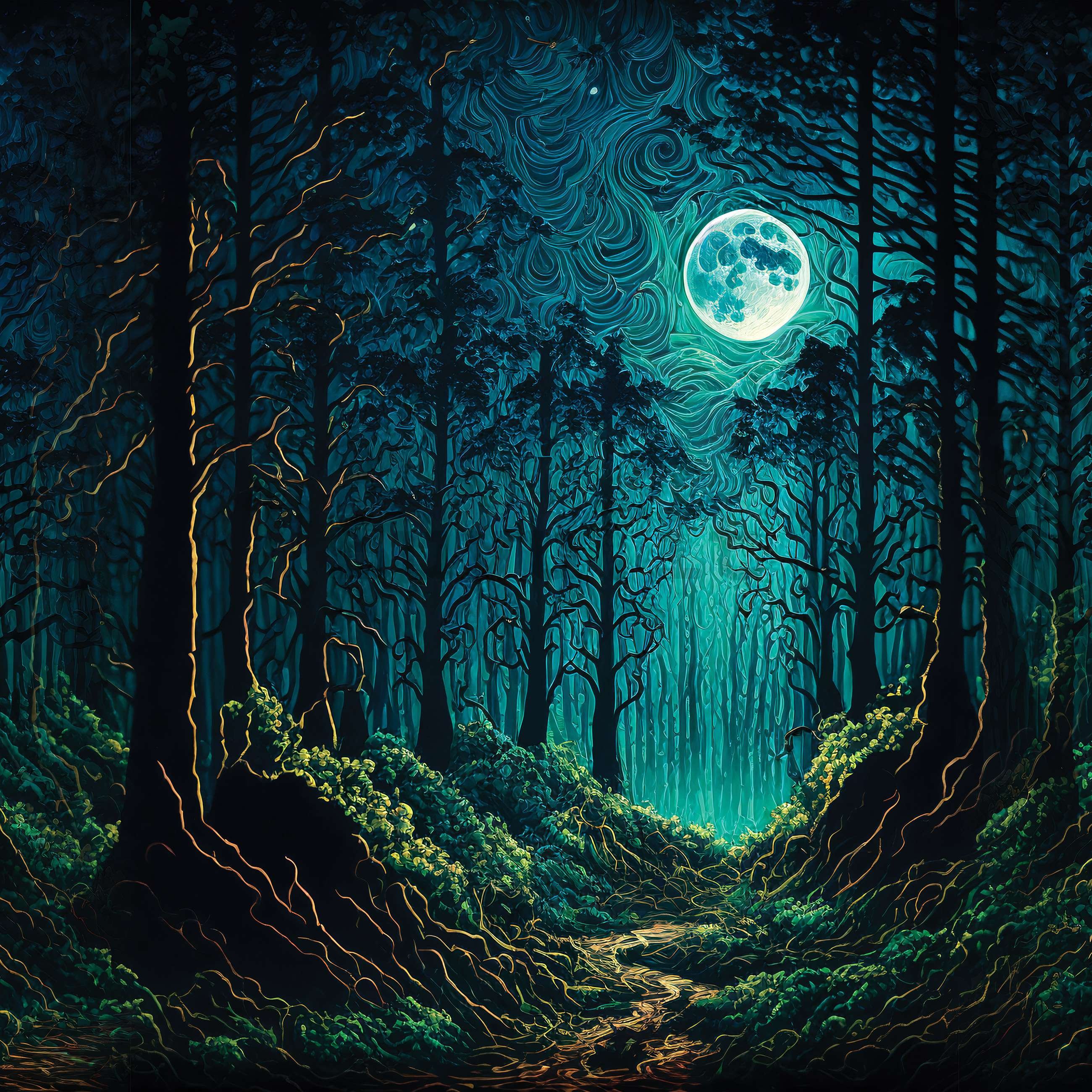 Fotomurale in TNT: Foresta incantata al chiaro di luna - 416x254 cm