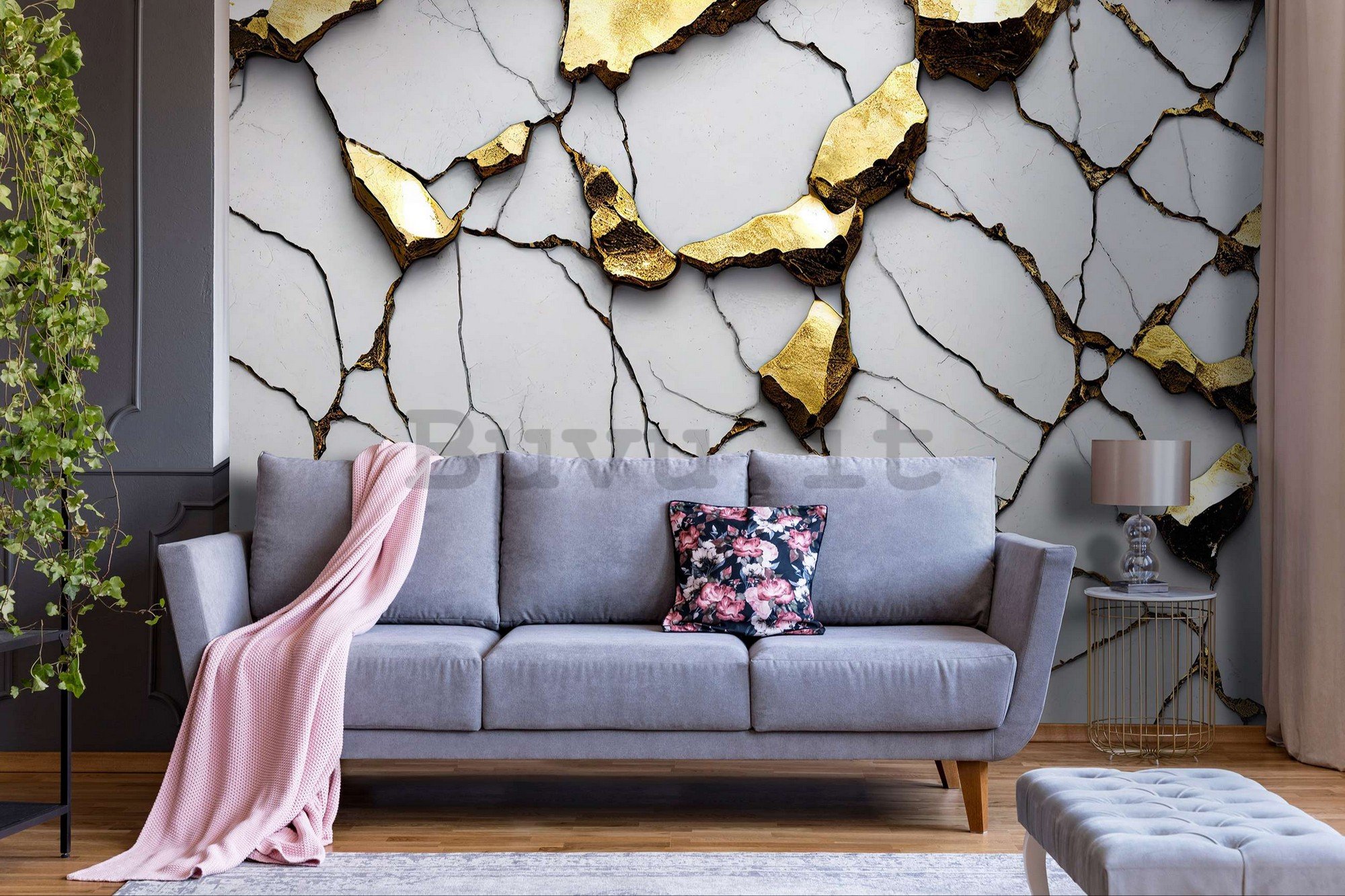 Fotomurale in TNT: Imitazione glamour del marmo dorato con parete bianca - 254x184 cm