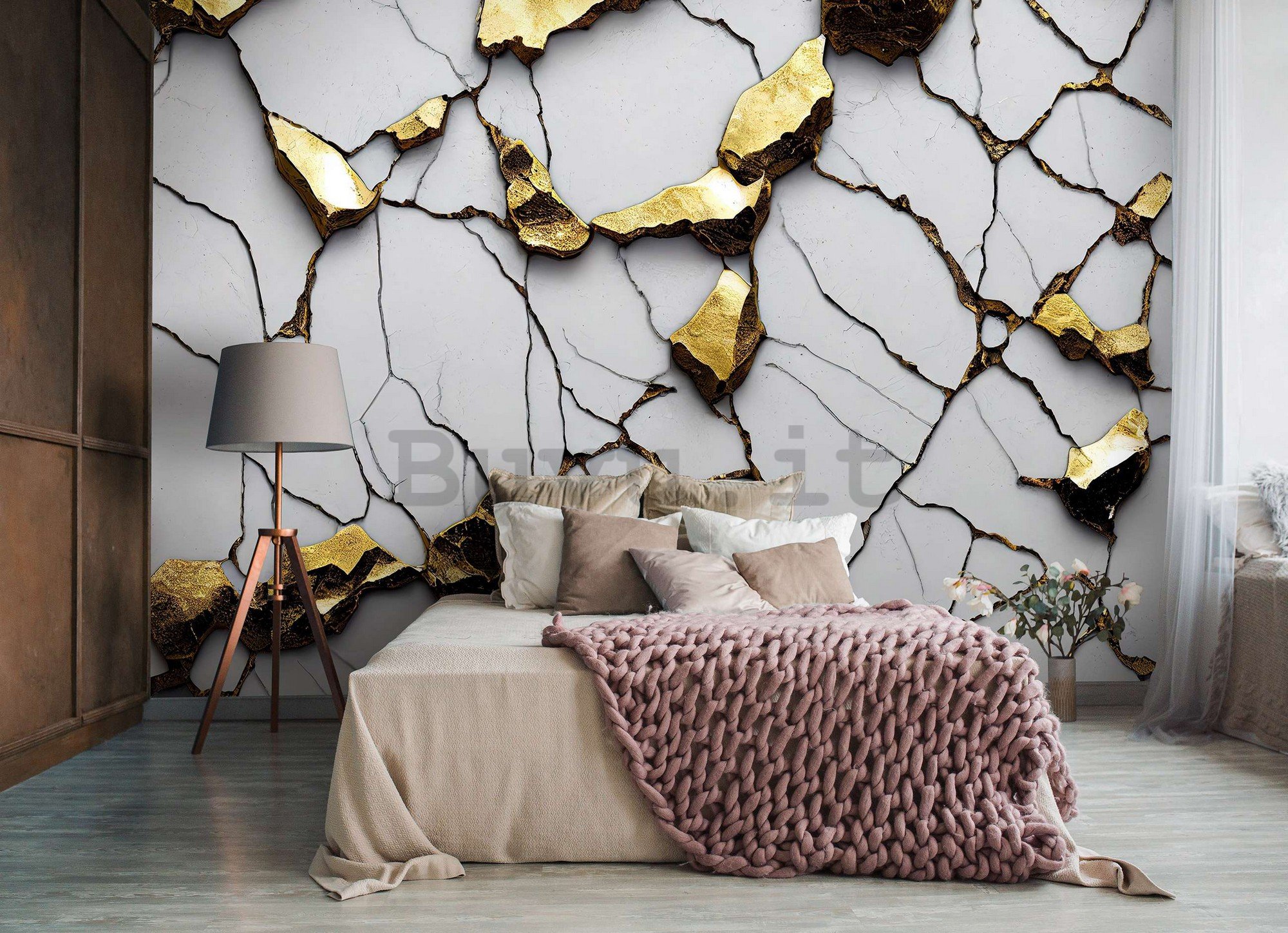 Fotomurale in TNT: Imitazione glamour del marmo dorato con parete bianca - 254x184 cm