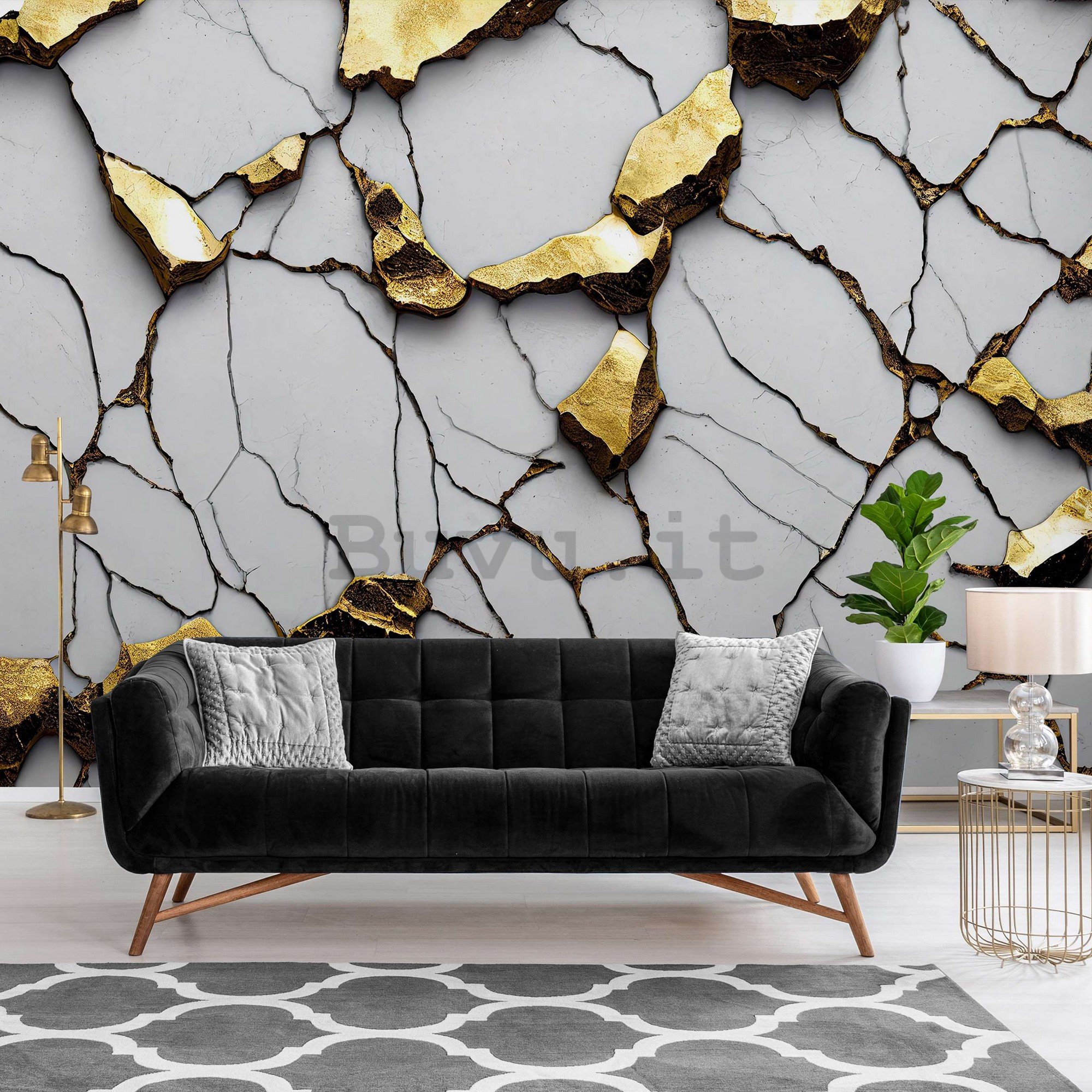 Fotomurale in TNT: Imitazione glamour del marmo dorato con parete bianca - 416x254 cm